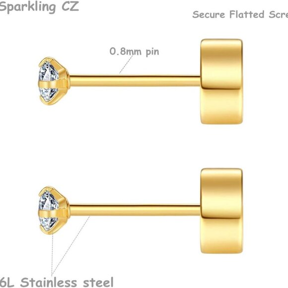 8 Pairs Gold Plated 14K Tiny Flat Back Earrings - Hypoallergenic Studs 2-4mm - Picture 2 of 7